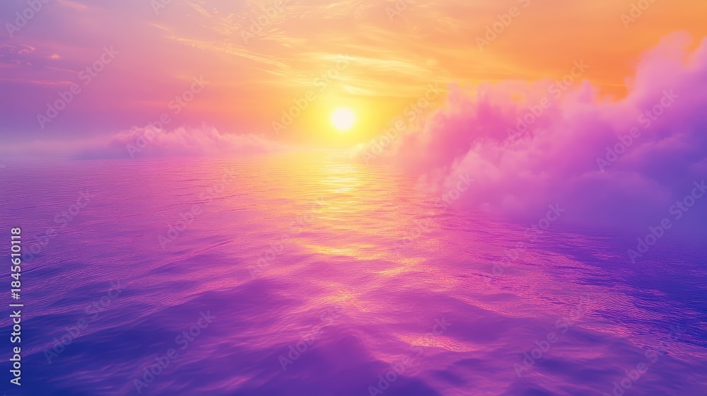 Obraz premium Ocean water mirrors a radiant sunrise, casting surreal purple, pink and orange light across glowing clouds and a tranquil, dreamlike seascape at the horizon