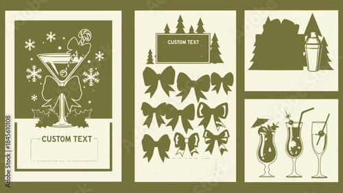 Vintage Holiday Cocktail and Decoration Vector Set with Bows and Pine Trees