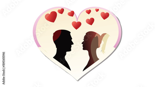 Vector illustration of a loving couple in heart shaped frame with red hearts, romantic silhouettes facing each other