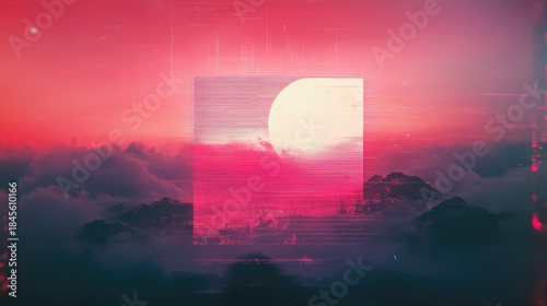 Futuristic vaporwave sunset over mountains with neon pink and purple gradients, glitchy data streams and geometric overlays creating a surreal cyberpunk dreamscape wallpaper