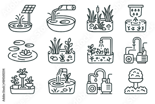 Base eco waterfall cascade mini pump fountain vector system icon natural