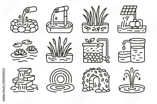 Icons eco base plants pump tank rainwater icon cascade bamboo vector floating