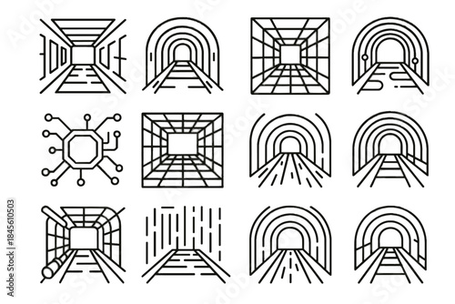 Reality cyber icons vector lights tunnel nodes data pipes wires holographic icon