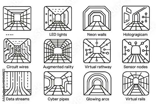 Tunnel cyber grid wires walls led augmented icon pathway virtual vector glowing