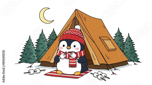 Penguin camping in snowy forest with tent and trees at night