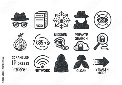 Cybersecurity linear icons set. featuring proxy, vpn, encryption, firewall, network, anonymity, and privacy symbols