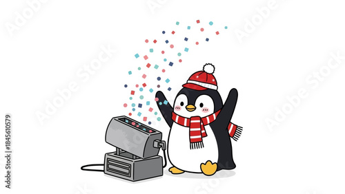 Penguin enjoys festive confetti from machine in winter hat and scarf outdoors