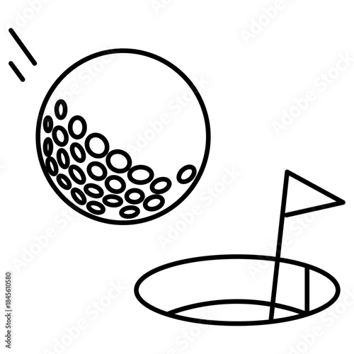 Golf ball and Hole in One A crisp illustration shows a golf ball in mid-flight soaring toward the golf hole with a flag, symbolizing precision, and aiming.