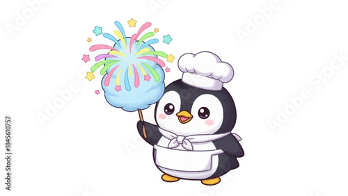 A penguin chef holds colorful candy fluff outdoors happily