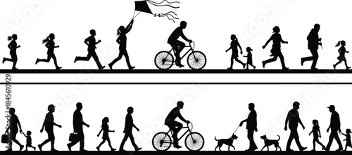 Set of active people silhouettes including runners, families walking, a cyclist, and a girl flying a kite, symbolizing outdoor exercise, lifestyle, and recreational activities vector illustration.