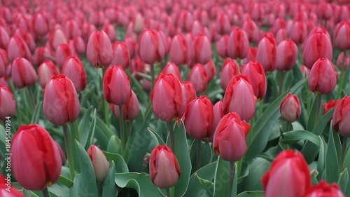 Vibrant red tulips in a lush green field on a sunny day outdoors