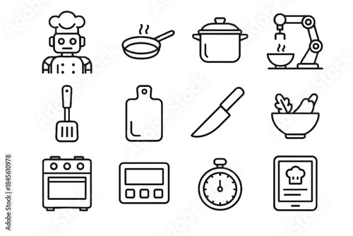 Icon cutting timer spatula chef robot knife recipe ingredient frying icons vector