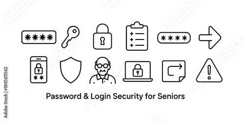 Password security linear icon set. featuring password, key, lock, checklist, arrow, mobile, shield, elderly, and alert symbols
