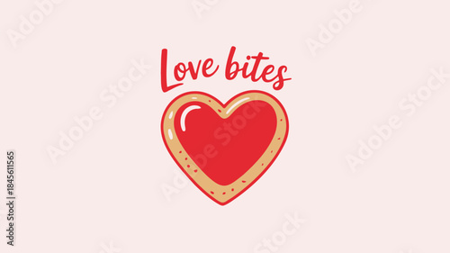 A flat vector illustration of a heart shaped pastry on a pink background with love bites text