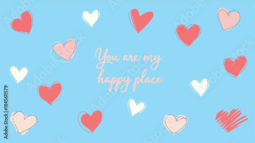 A flat vector illustration of scattered sketchy hearts on blue background with text