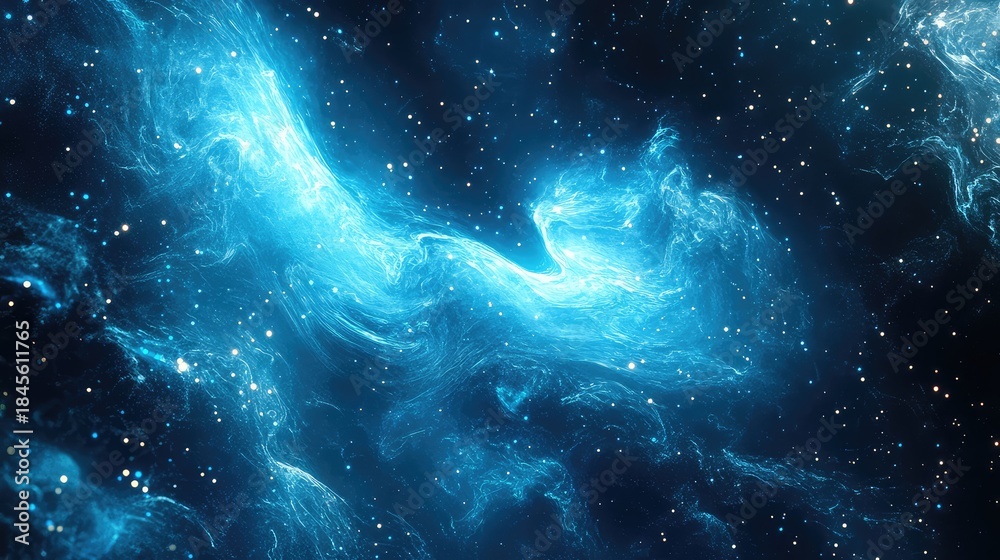Obraz premium Glowing blue cosmic nebula forming intricate patterns with bright stars scattered across a dark universe, representing deep space, astronomy, energy, and abstract science concepts