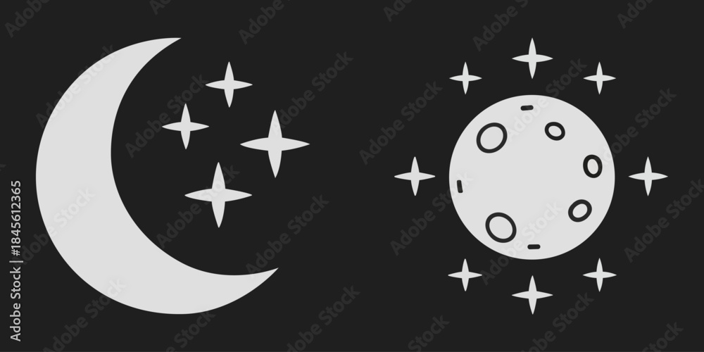 Fototapeta premium Night sky moon and stars icon set with celestial astronomy symbols for dark theme graphic artwork hd
