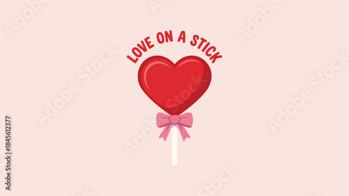 A vibrant red heart shaped lollipop with pink bow on stick against soft pink background with love on a stick text