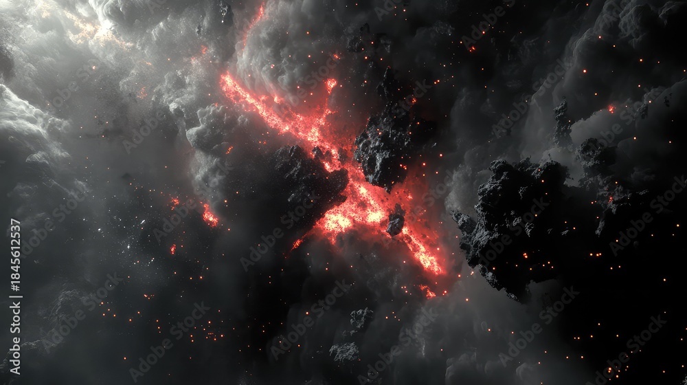 Obraz premium Cosmic dust cloud forming with glowing red lava like streams and dark asteroid fragments, illustrating creation, destruction, and explosive universal events
