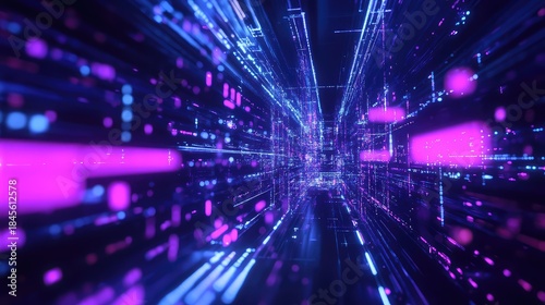 Abstract visualizing big data moving rapidly through a futuristic cyber grid, representing internet communication, networking, and information processing in a computing environment