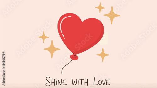 A minimalist flat illustration of a red heart shaped balloon floats on a white background with golden sparkles love shines bright