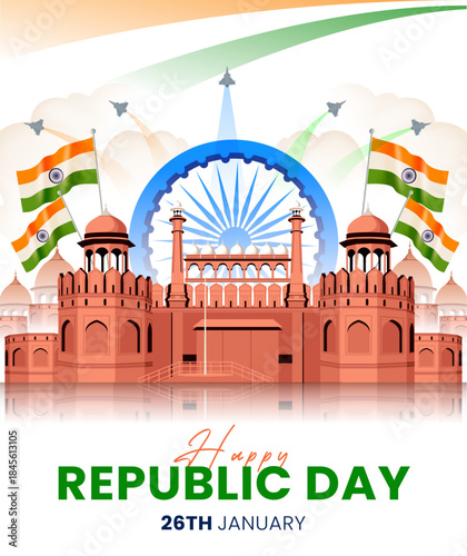 Republic Day of India Celebration Illustration with Red Fort, Ashoka Chakra and National Flags