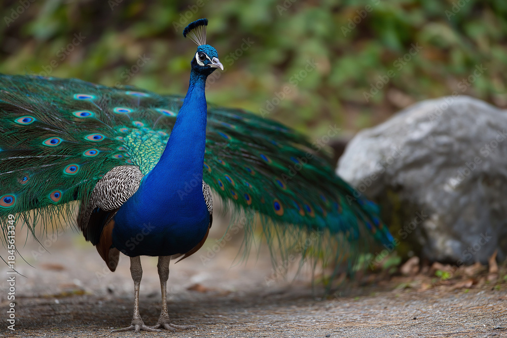 Fototapeta premium A stunning peacock is shown with its vibrant plumage fully displayed, showcasing mesmerizing colors and patterns that captivate and symbolize beauty and pride in nature.