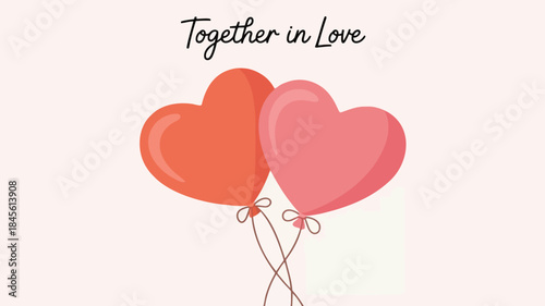 Two heart shaped balloons in pink and red float together in love on a soft background