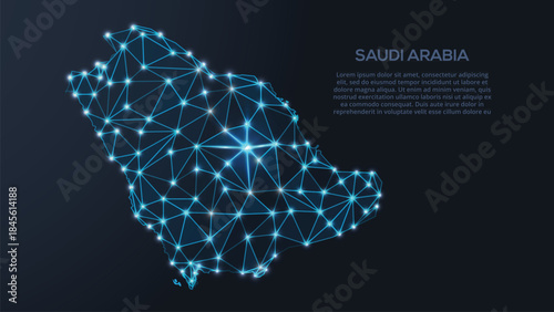 Geometric low-poly vector depiction of Saudi-Arabia, showing illuminated cities and population clusters as sparkling dots and space-inspired stars. digital communication network