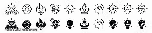Idea icon set. Creative and solution logo. Lightbulb with brain symbol. Vector illustration.
