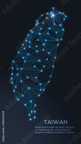 Geometric low-poly vector depiction of Taiwan, showing illuminated cities and population clusters as sparkling dots and space-inspired stars. digital communication network