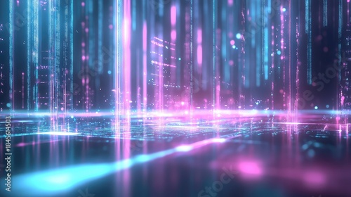 Abstract digital scene displaying illuminated data streams and particle flows creating a modern technology background, representing big data and network connections