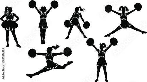 Set of cheerleader silhouettes, girls with pom poms dancing and jumping, black vector illustration collection isolated on white background for sport design