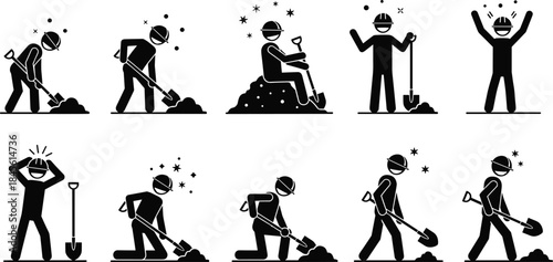 Set of Construction Worker or Miner Pictograms Vector Illustration, Showing Actions of Digging, Shoveling, Hard Work, Finding Treasure, and Success Celebration Icons.