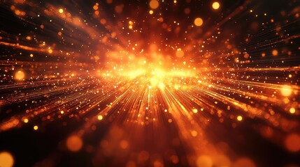 Golden particles generating a bright burst of light and radiating streams of energy, forming a vivid abstract background with sparkling bokeh effects and a festive, celebratory visual