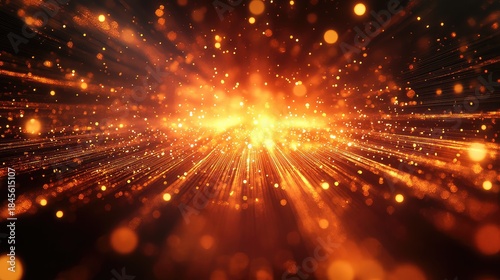 Golden particles generating a bright burst of light and radiating streams of energy, forming a vivid abstract background with sparkling bokeh effects and a festive, celebratory visual