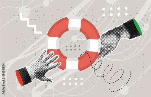 Trendy Halftone Collage hand of a man asks for help. Another person is stretching a lifeline and wants to help. Helping Business to survive.	