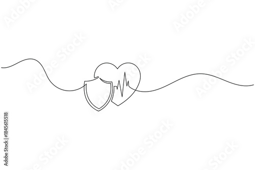 Continuous Line Art Heart with Shield and Pulse  Health Protection