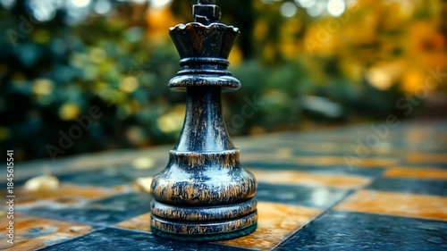 Close up of a solitary chess queen piece on a chessboard outdoors.