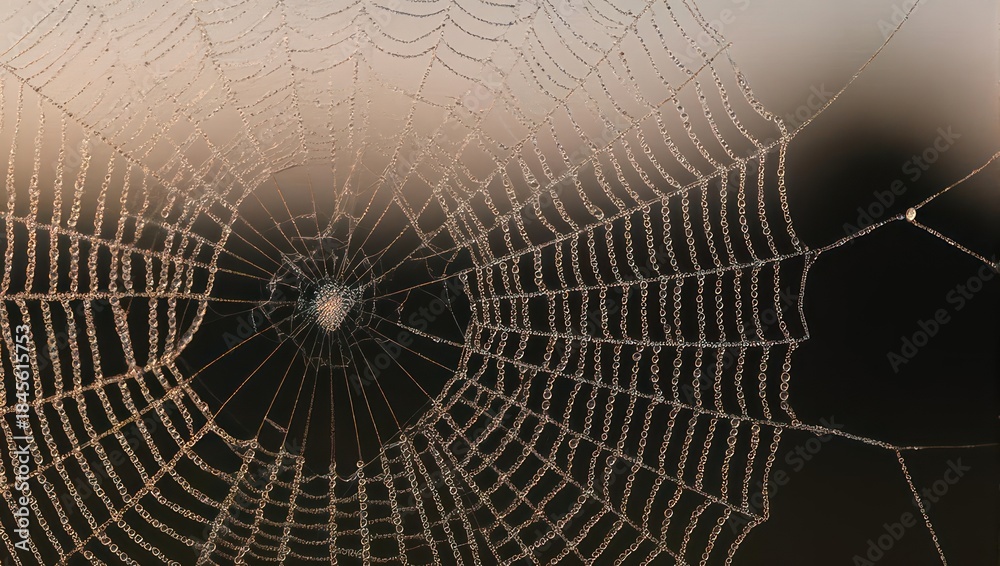 Naklejka premium Spiderweb glistening with morning dew, a natural trap.