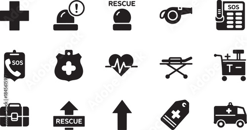 Black and White Vector Icons Set Depicting Emergency Medical Response, First Aid, Rescue Services, Alarms, Whistles, and Trauma Care Equipment.
