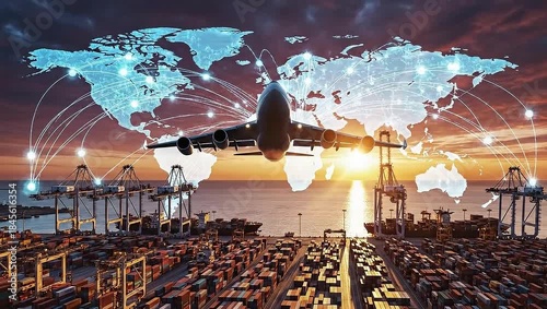 Global Logistics and Transportation Network at Sunset with World Map Overlay.