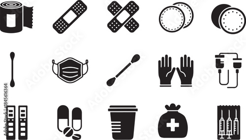 Black and White Vector Icons Set Featuring Essential Medical First Aid Supplies, Including Bandages, Cotton Swabs, Surgical Mask, Gloves, and Intravenous Drip.