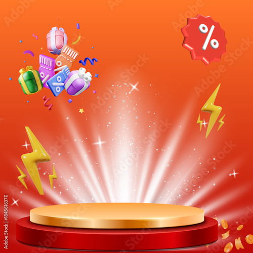 Product display stands, gift boxes, discount cards. Flash sale events, big sale offers, poster labels.