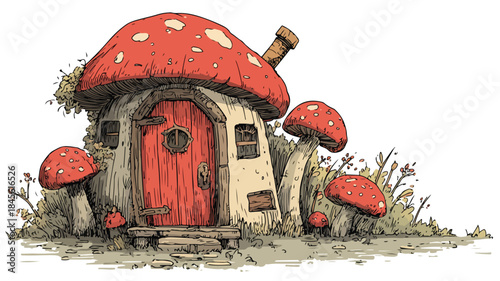 Enchanting Fairy House with Red Door - Whimsical Cartoon Illustration