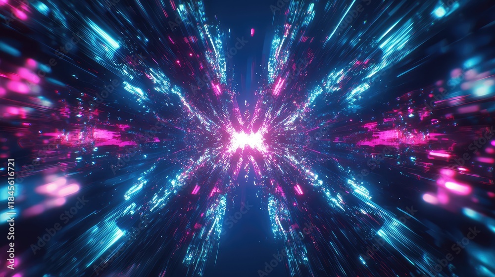 Obraz premium Abstract digital lights streaming through a futuristic tunnel, creating an illusion of speed and connectivity, representing data flow, network communication, and technological advancement