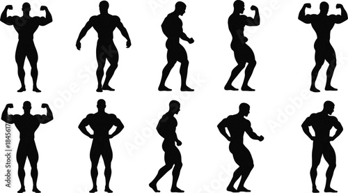 Black Silhouette Collection of Bodybuilders Posing Showing Muscle Definition and Strength for Fitness Gym Bodybuilding and Athletic Training Design Concepts