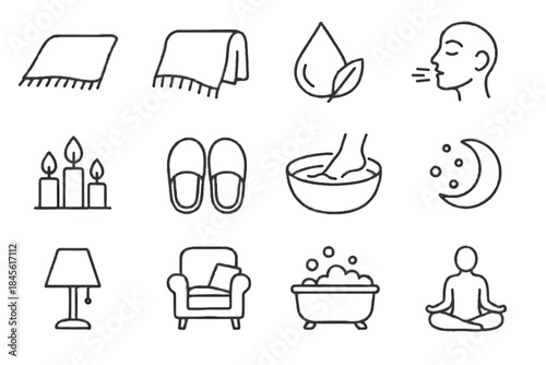 Oil chair serenity breathing trio icons cozy vector flames evening posture drape