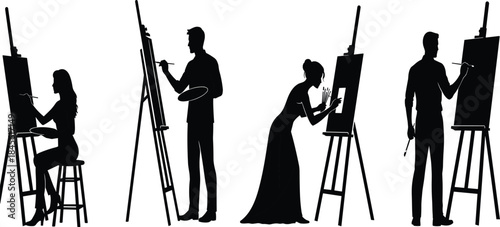 Black Silhouette Collection of Male and Female Artists Painting on Canvas with Easels for Creative Studio Fine Art Workshop Design