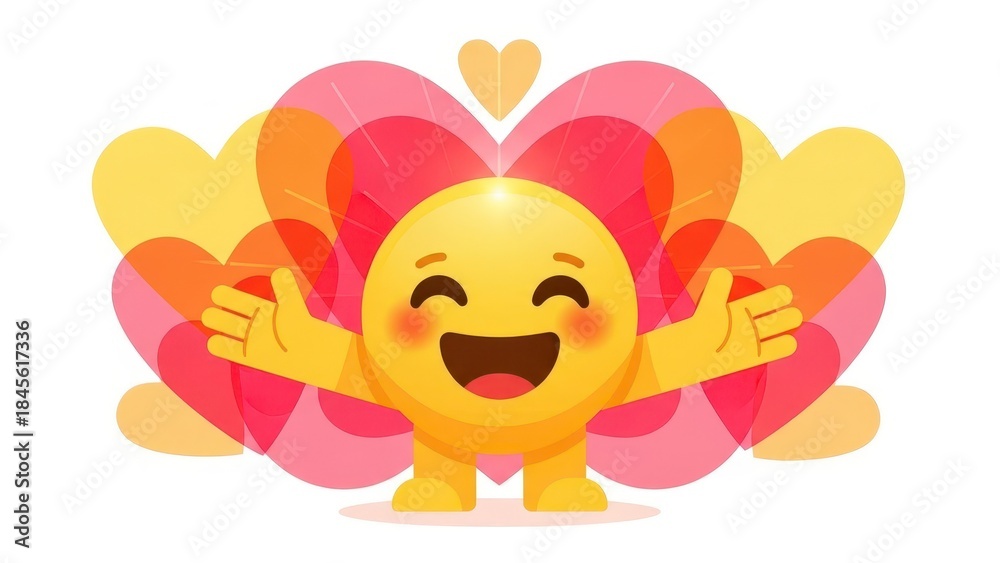 Fototapeta premium Happy Emoji Character with Open Arms and Hearts Background.